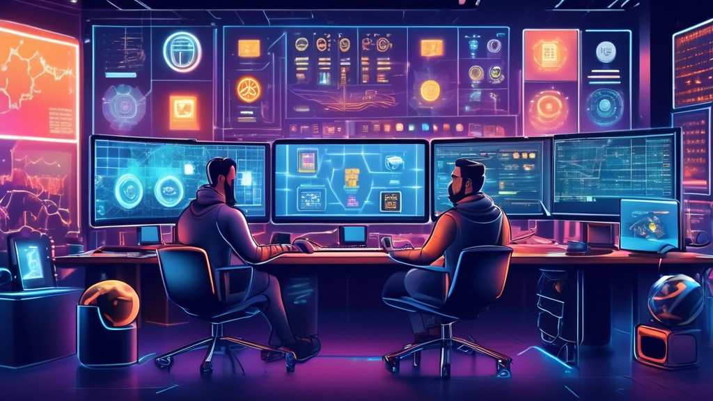 An illustration of a futuristic digital trading hub with multiple monitors displaying various cryptocurrency charts, symbols of popular cryptocurrencies li