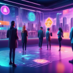 Create an image of a futuristic digital marketplace where various cryptocurrencies are floating in the air as holograms. A diverse group of people, includi