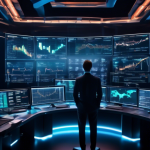 An image of a futuristic financial trading room with large digital screens displaying various cryptocurrency charts and graphs. In the foreground, a trader