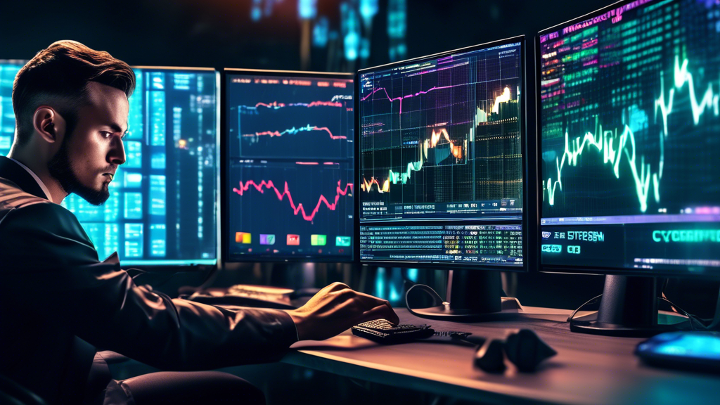 A split-screen image showing two distinct scenes: on the left, an individual trading cryptocurrencies using a digital platform with various graphs and coin