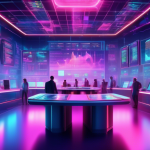 A vibrant digital illustration of a futuristic trading floor filled with holographic financial charts and graphs. Traders wearing advanced augmented realit