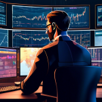 A digital illustration of a sophisticated financial analyst working on multiple computer screens showing both live news feeds and cryptocurrency trading pl