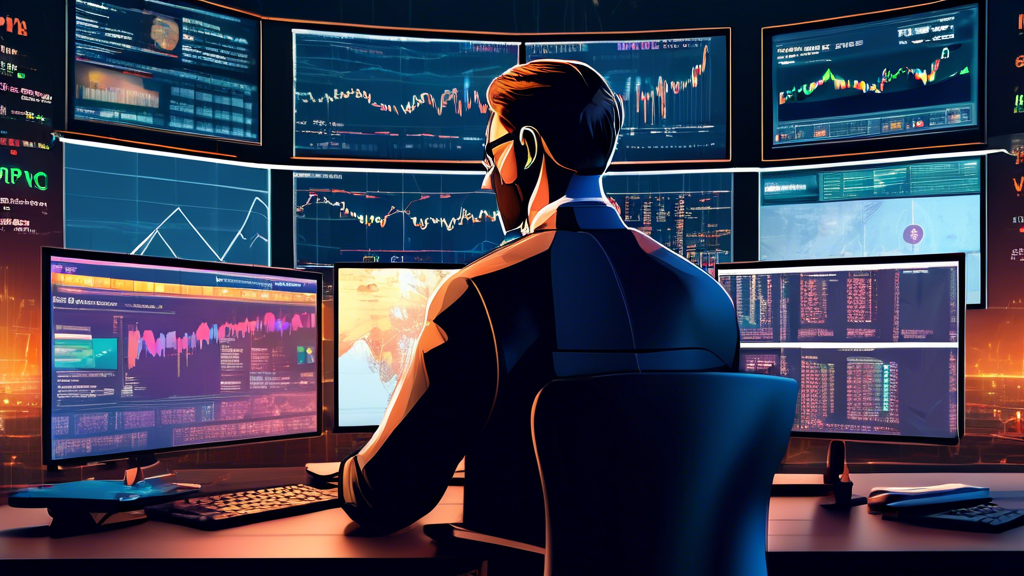 A digital illustration of a sophisticated financial analyst working on multiple computer screens showing both live news feeds and cryptocurrency trading pl