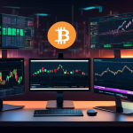 Create an image of a modern, sleek trading desk setup with multiple large monitors displaying various cryptocurrency trading platforms. The screens should