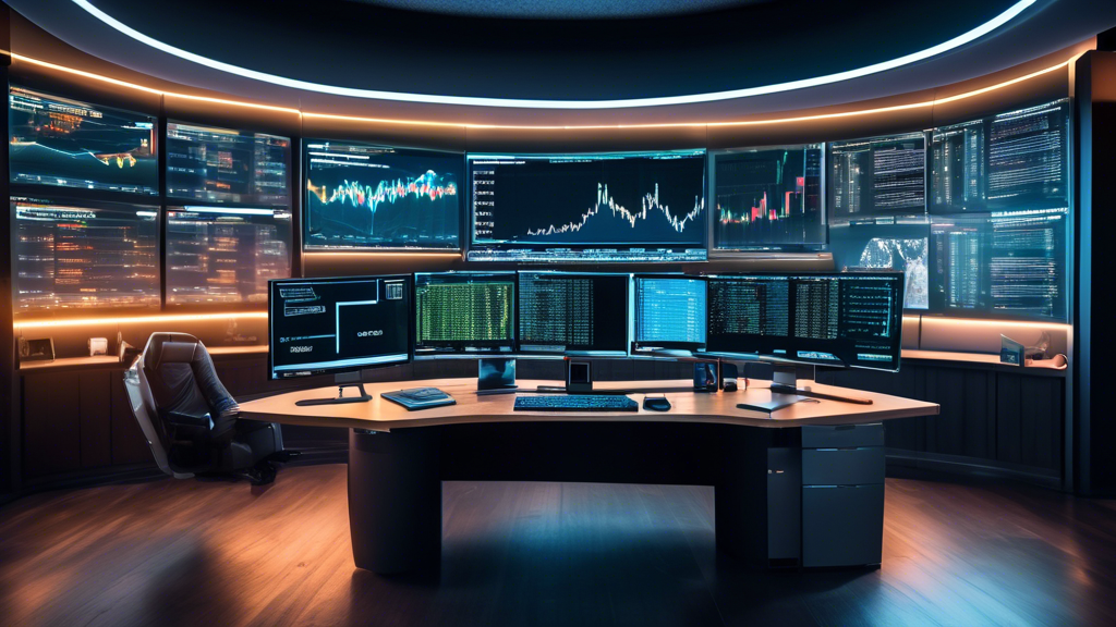 A high-tech workspace featuring multiple large monitors displaying real-time cryptocurrency charts, market trends, and portfolio management tools. A focuse