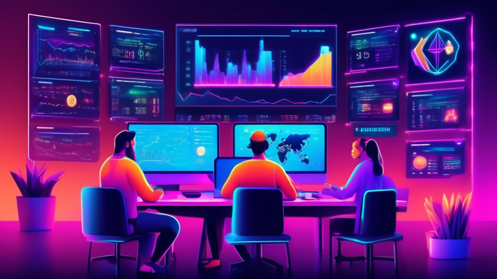 An informative illustration of a computer screen displaying live cryptocurrency prices and charts, with a diverse group of people gathered around, learning