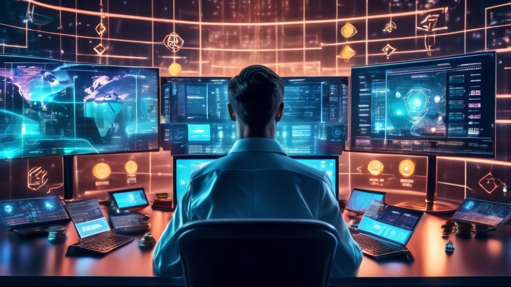 A futuristic digital landscape showcasing a trader closely monitoring cryptocurrency charts on multiple screens, with symbols of popular cryptocurrencies l