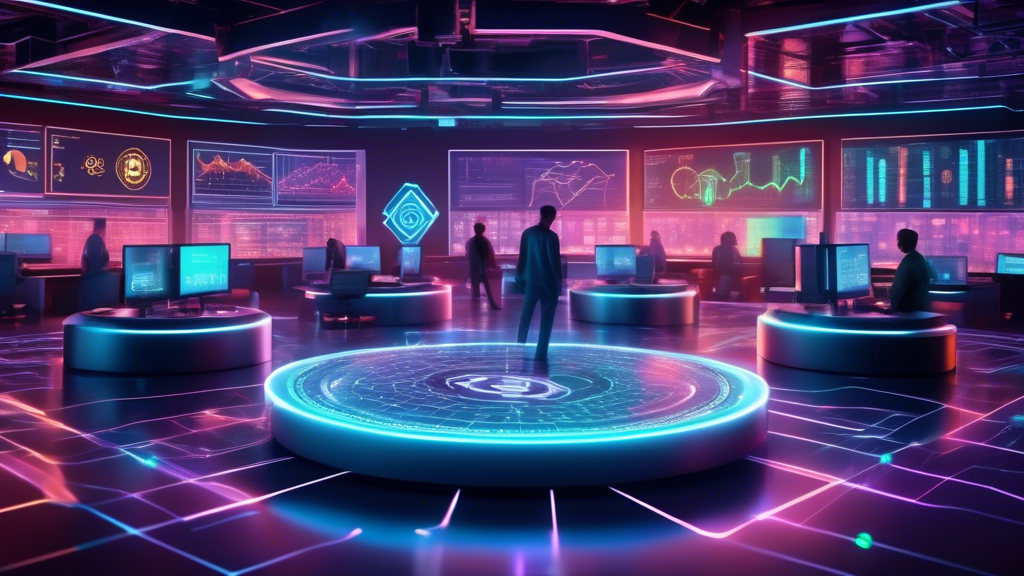 A futuristic digital trading floor with glowing holographic charts displaying various cryptocurrency symbols. The scene shows traders using advanced interf