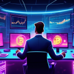 An illustration of a futuristic cryptocurrency trading room filled with high-tech screens and charts, showing a trader in business attire confidently execu