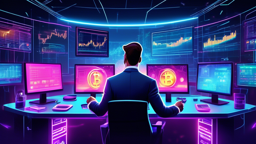 An illustration of a futuristic cryptocurrency trading room filled with high-tech screens and charts, showing a trader in business attire confidently execu