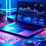 Create an image showing a modern office desk with a laptop displaying cryptocurrency charts, a tax document, and a few digital currency coins like Bitcoin