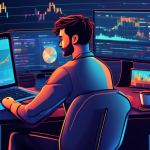 An illustrative digital artwork displaying a beginner's guide to crypto trading and technical analysis. The image includes a modern laptop with financial c