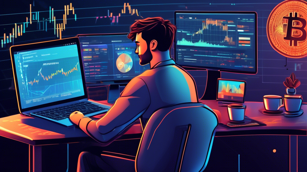 An illustrative digital artwork displaying a beginner's guide to crypto trading and technical analysis. The image includes a modern laptop with financial c