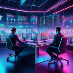 A digital illustration of a futuristic trading environment with holographic screens displaying various cryptocurrency charts and global market times. Trade