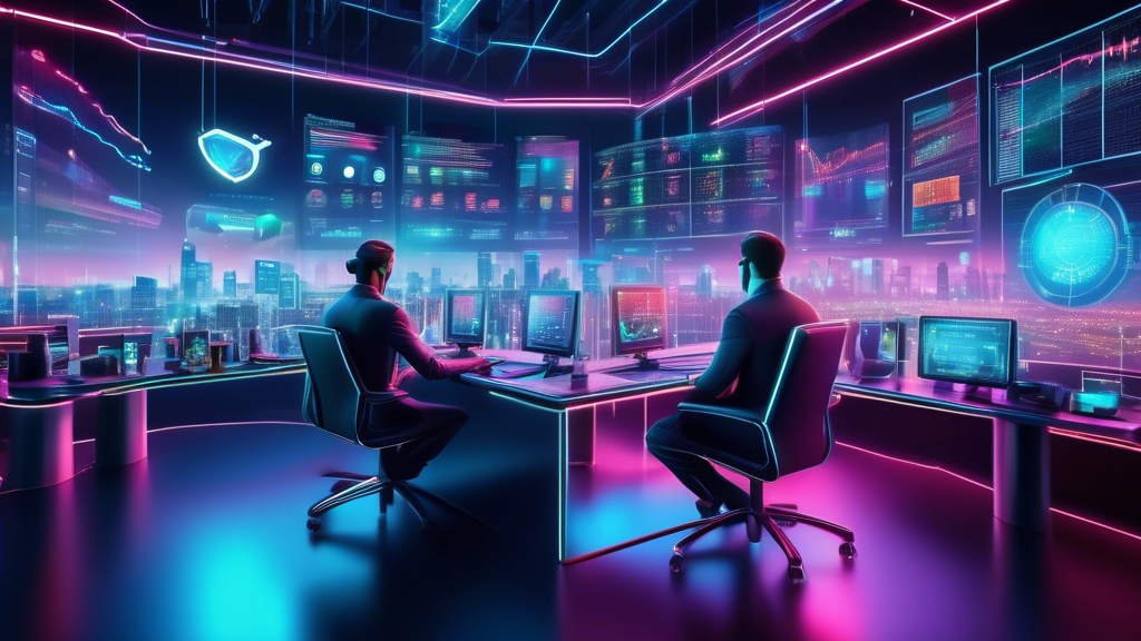 A digital illustration of a futuristic trading environment with holographic screens displaying various cryptocurrency charts and global market times. Trade