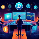 A visually engaging illustration depicting a modern, digital trading environment with various cryptocurrencies displayed on screens. Central focus on tradi