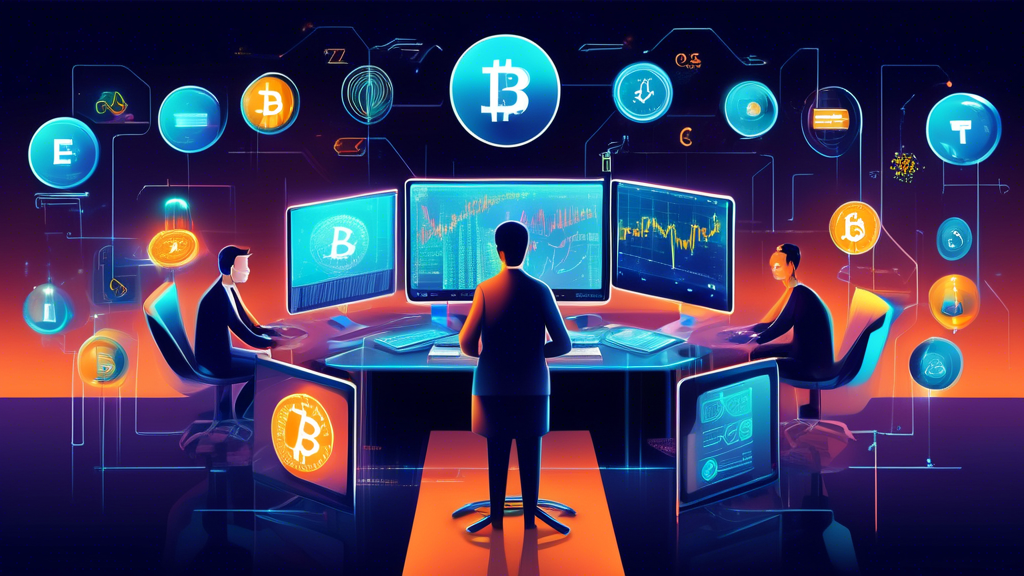 A visually engaging illustration depicting a modern, digital trading environment with various cryptocurrencies displayed on screens. Central focus on tradi