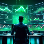 A futuristic digital art piece depicting a financial trader in a sleek, high-tech trading room filled with holographic charts and graphs. The trader is stu