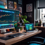 A detailed and vibrant scene in a modern home office, where a beginner crypto trader is fully engaged. The room features a sleek desktop computer displayin