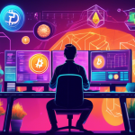 An illustration capturing the essence of beginner-level crypto trading and yield farming: A person at a futuristic computer workstation with charts and cry