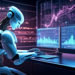 Create an illustrative image of a futuristic trading desk with holographic financial charts and graphs displaying cryptocurrency trends. In the center, dep