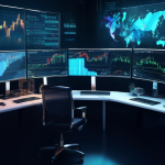 Create an image that showcases a high-tech financial trading desk with multiple monitors displaying various cryptocurrency charts and graphs. Include visua