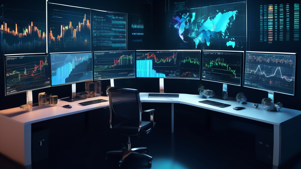 Create an image that showcases a high-tech financial trading desk with multiple monitors displaying various cryptocurrency charts and graphs. Include visua