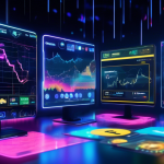 A futuristic digital landscape featuring various popular cryptocurrency trading platform logos like Coinbase, Binance, Kraken, and eToro, displayed on slee