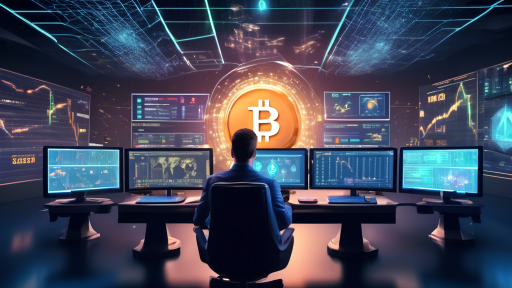 A futuristic digital trading platform with multiple computer screens displaying cryptocurrency market charts, graphs, and indicators. A trader is seen in t