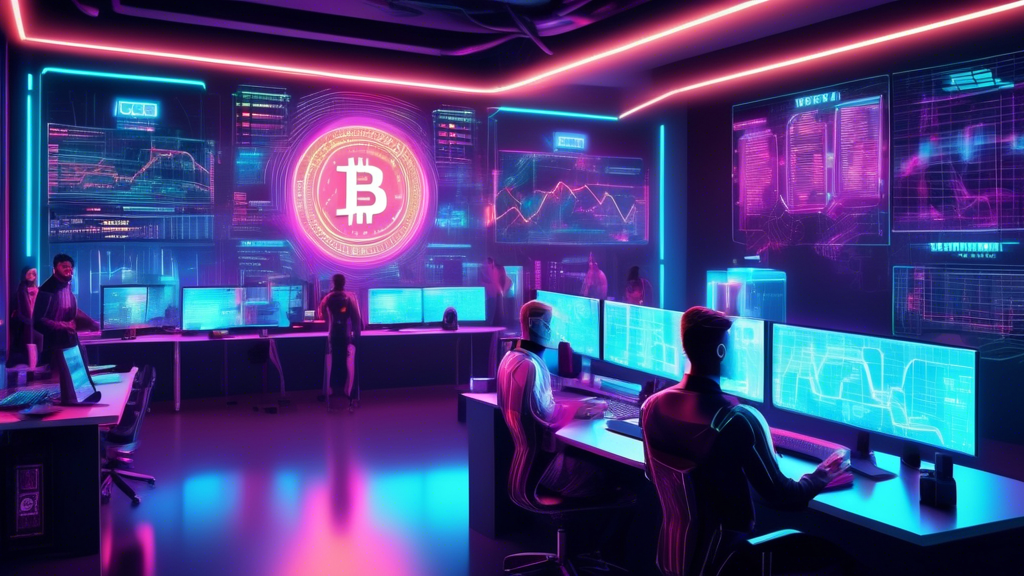 A vibrant, futuristic trading office filled with holographic screens displaying various cryptocurrency charts and signals, traders in high-tech gear analyz