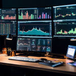 An image showing a digital investor's workspace with multiple computer screens displaying cryptocurrency charts, graphs, and real-time trading data. The se