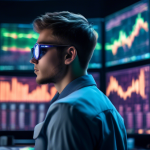 A dynamic scene of a young trader in front of a multi-screen setup displaying cryptocurrency charts and graphs. The environment is futuristic with holograp