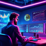 A digital illustration showcasing different cryptocurrency trading techniques: charts with upward trends, technical analysis graphs, a trader using a compu