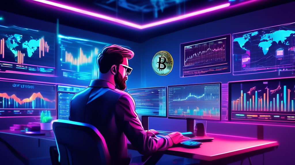 A digital illustration showcasing different cryptocurrency trading techniques: charts with upward trends, technical analysis graphs, a trader using a compu