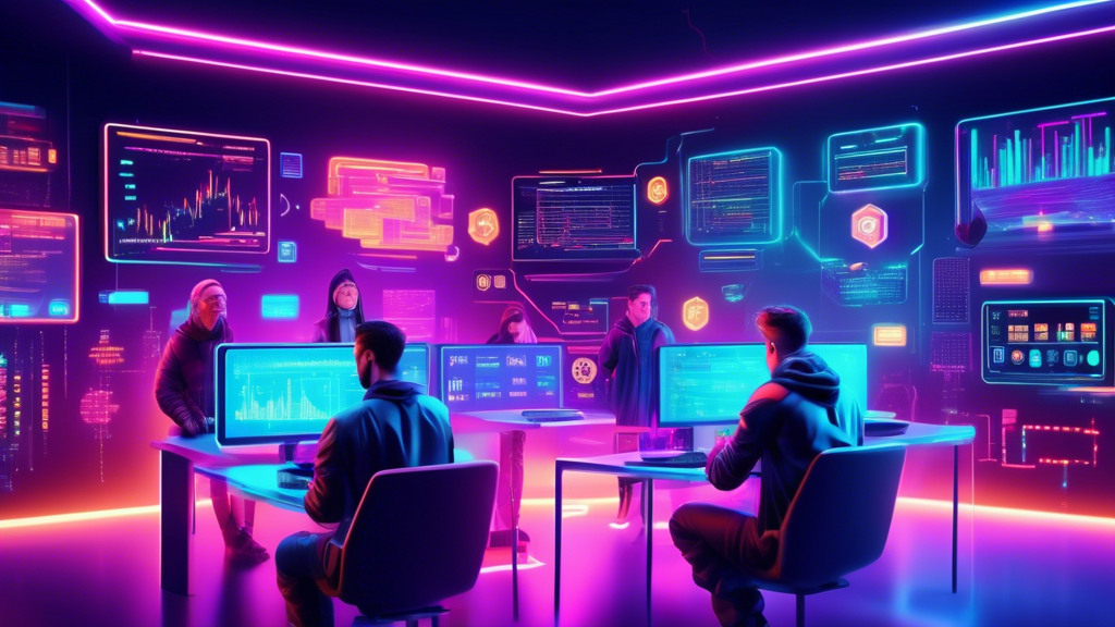 A futuristic digital scene showcasing a diverse group of beginners studying crypto trading tips on various screens. The background features vibrant, floati