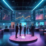 A futuristic digital trading floor showcasing advanced analytics and charts on large holographic screens, with diverse traders using augmented reality glas