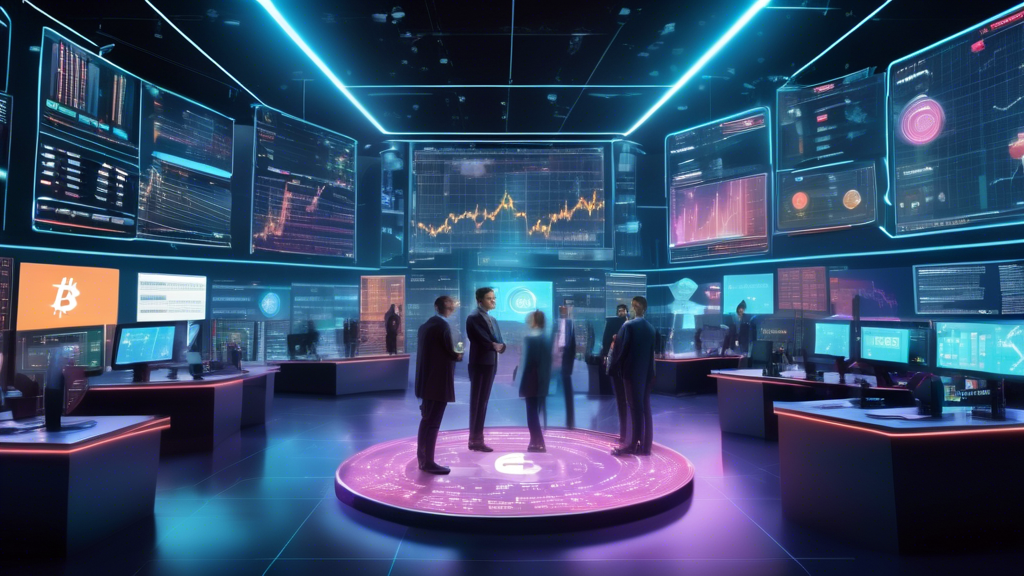 A futuristic digital trading floor showcasing advanced analytics and charts on large holographic screens, with diverse traders using augmented reality glas