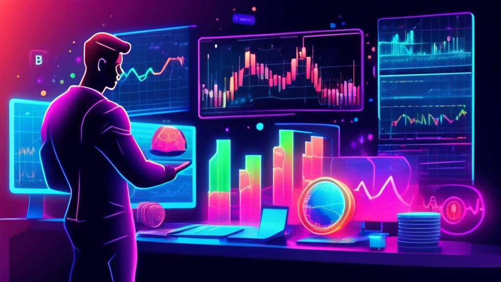 An educational illustration of crypto trading strategies using Bollinger Bands. The image should depict a digital trader analyzing price charts with Bollin