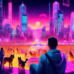 Create an image of a futuristic digital landscape where vibrant neon lights represent various cryptocurrencies, with Dogecoin featuring prominently. In the