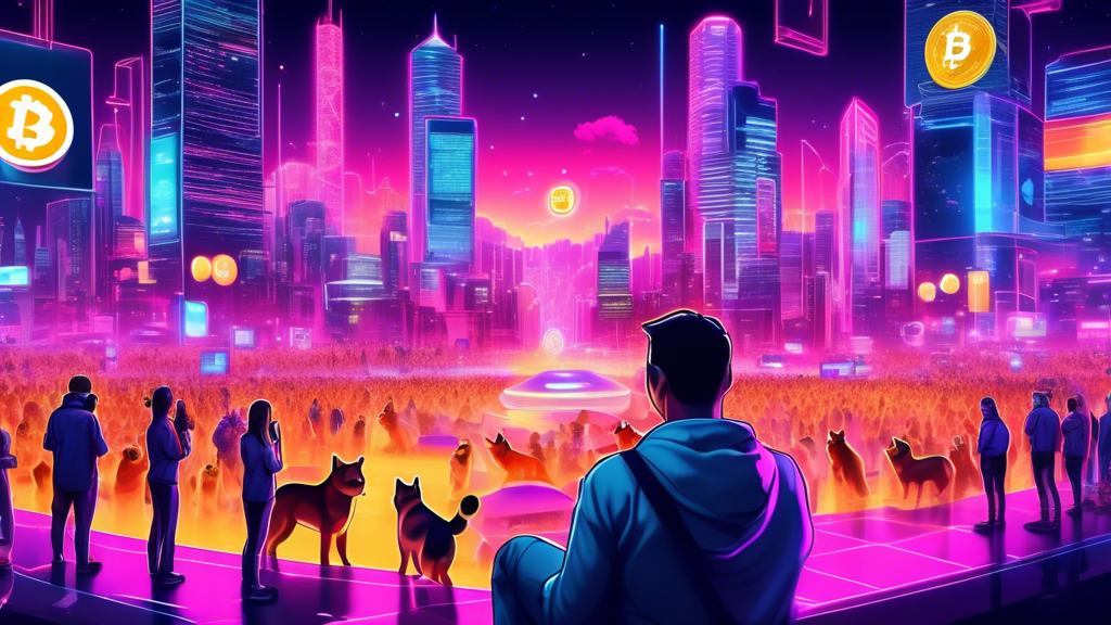 Create an image of a futuristic digital landscape where vibrant neon lights represent various cryptocurrencies, with Dogecoin featuring prominently. In the