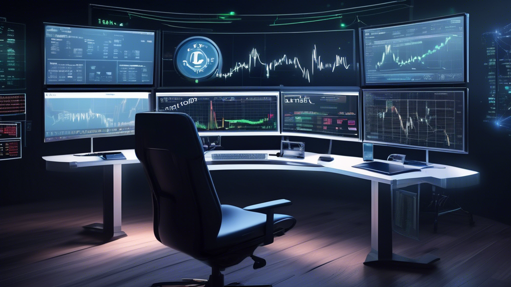 Create an image depicting a futuristic trading desk setup focused on Litecoin (LTC) cryptocurrency. Show computer screens displaying detailed charts, graph