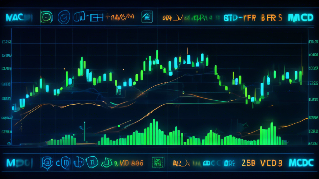 An informative illustration depicting the MACD (Moving Average Convergence Divergence) indicator in the context of cryptocurrency trading. The image should