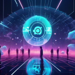 Create an image depicting a futuristic digital landscape where cryptocurrency trading takes place on an advanced platform shaped like the Polkadot logo. Th