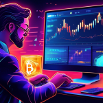 Create an illustration that captures the essence of cryptocurrency trading, featuring a dynamic and vibrant trading environment. Include elements like cand