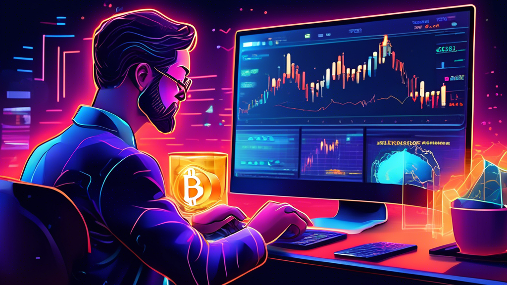 Create an illustration that captures the essence of cryptocurrency trading, featuring a dynamic and vibrant trading environment. Include elements like cand