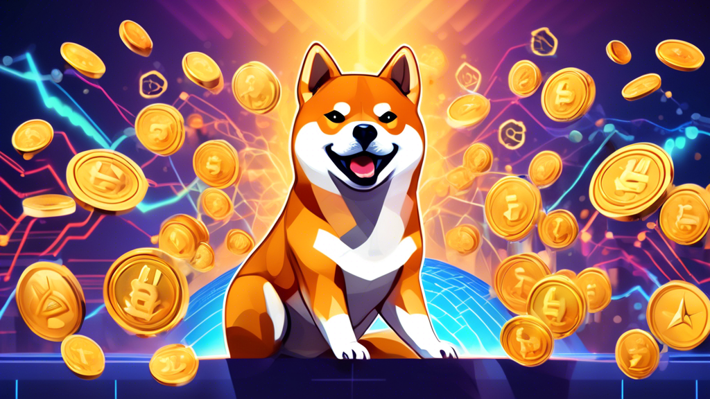 Create an image illustrating the dynamic rise of Shiba Inu Coin in the world of cryptocurrency trading. The scene should feature a vibrant digital market g