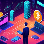 Create an illustration that visually represents the concepts of crypto trading and algorithmic trading. Include elements such as a digital currency exchang