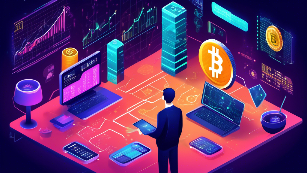 Create an illustration that visually represents the concepts of crypto trading and algorithmic trading. Include elements such as a digital currency exchang