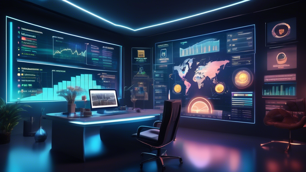 Create an image depicting a futuristic financial advisor's office, where a large holographic screen displays a diverse investment portfolio. The focus is o