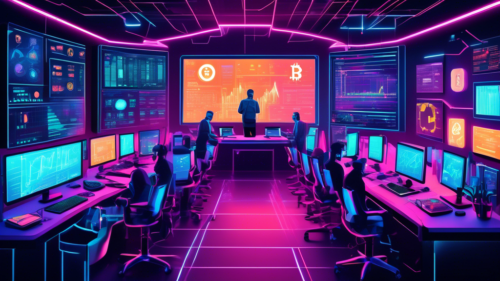 An illustration depicting the world of cryptocurrency trading, showcasing a futuristic trading room with advanced technology. Include screens displaying cr